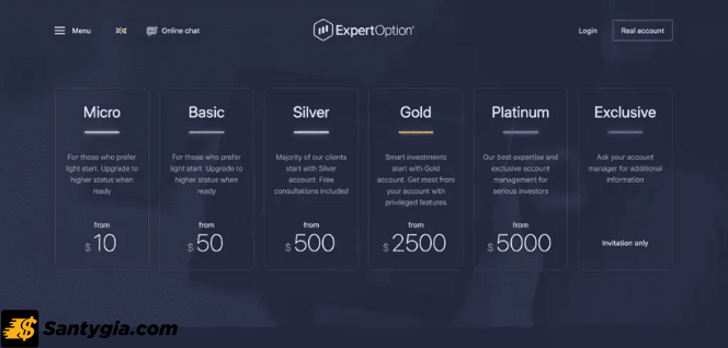 ExpertOption cung cấp 6 loại tài khoản giao dịch