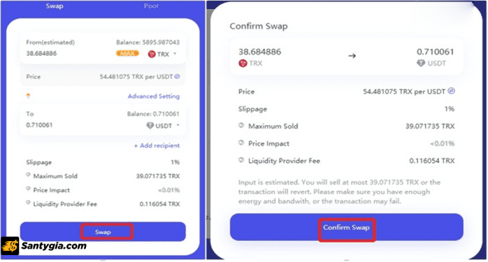 Tiến hành Confirm Swap