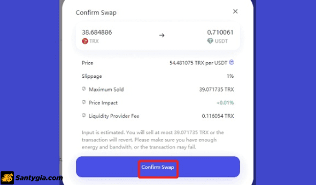 Trader nhấn chọn Confirm Swap để hoàn thành giao dịch